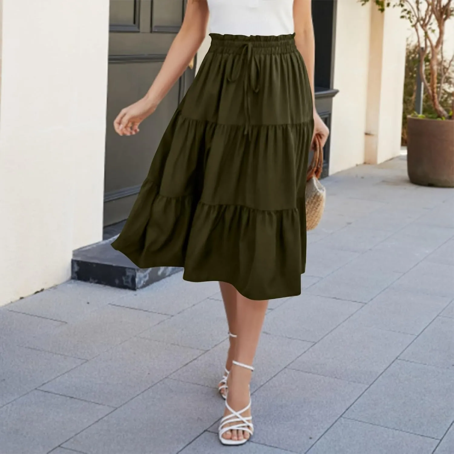 Boho Skirts for Women Elastic High Waist Pleated Ruffle Long Beach Skirt Cute Vacation Holiday Skirts