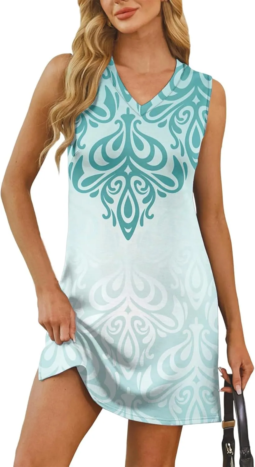 Boho Summer Dresses for Women 2025 V-Neck Beach Dress Vacation Women's Sleeveless Floral Sundress with Split