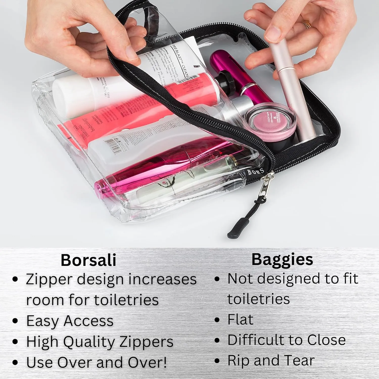 BORSALI TSA-Approved Quart-Sized Bag for Carry-On Travel - One (1) Quart Clear Toiletries, Cosmetic and 3-1-1 Liquids Toiletry Bag - Black With Handle