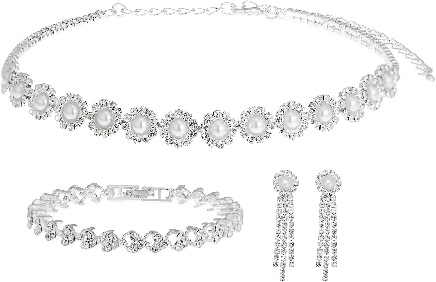 Bridal Jewelry Set, Silver Rhinestone Necklace Earrings Set Wedding Jewelry Set for Brides and Bridesmaid