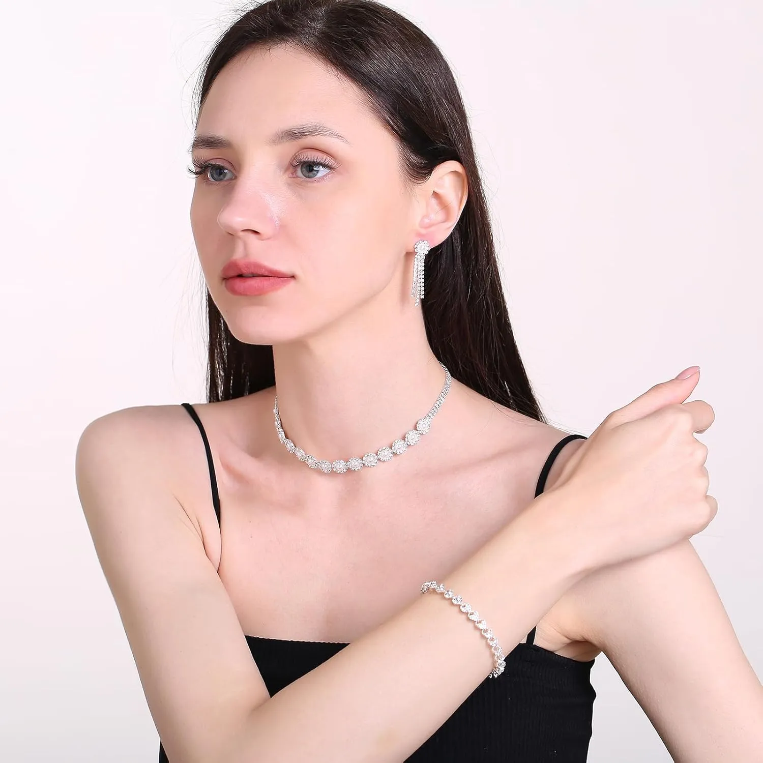 Bridal Jewelry Set, Silver Rhinestone Necklace Earrings Set Wedding Jewelry Set for Brides and Bridesmaid