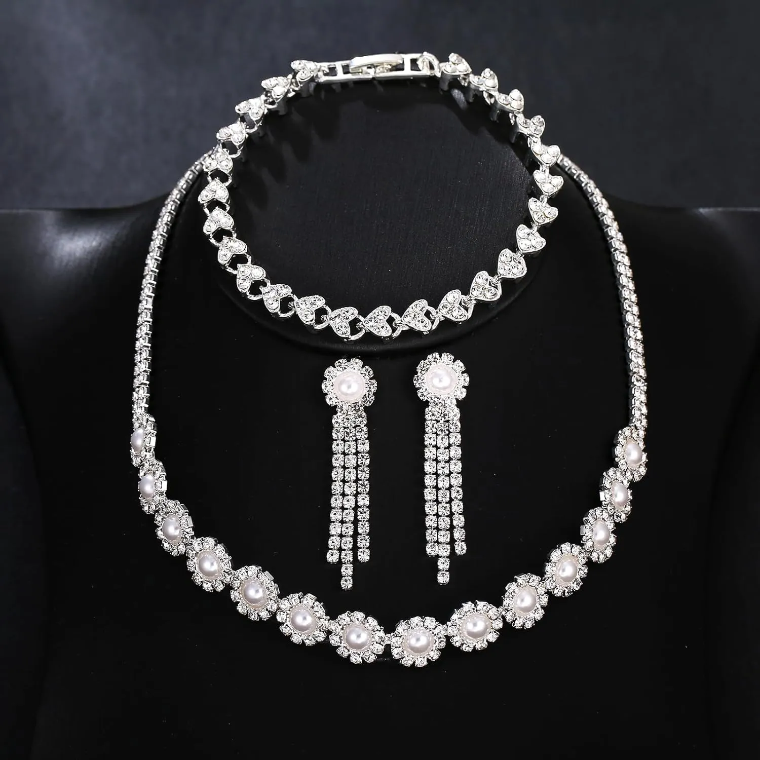 Bridal Jewelry Set, Silver Rhinestone Necklace Earrings Set Wedding Jewelry Set for Brides and Bridesmaid