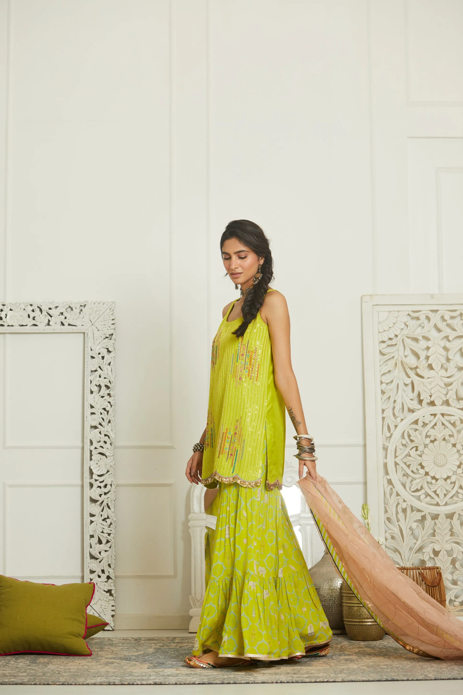 Bright Lime Sequin Kurta Gharara Set
