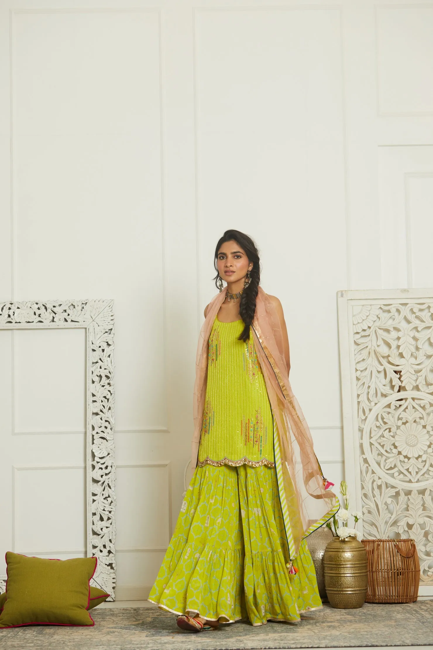 Bright Lime Sequin Kurta Gharara Set