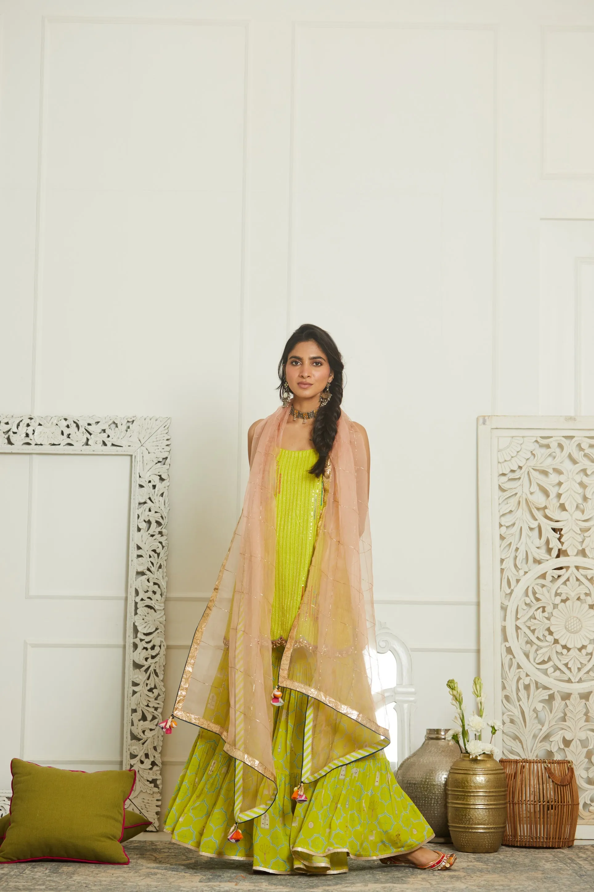 Bright Lime Sequin Kurta Gharara Set