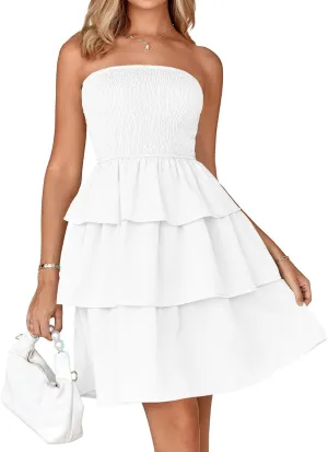 BTFBM 2025 Womens Summer Smocked Tube Dress Off Shoulder Strapless Casual Sundress Tiered Mini Beach Vacation Dresses