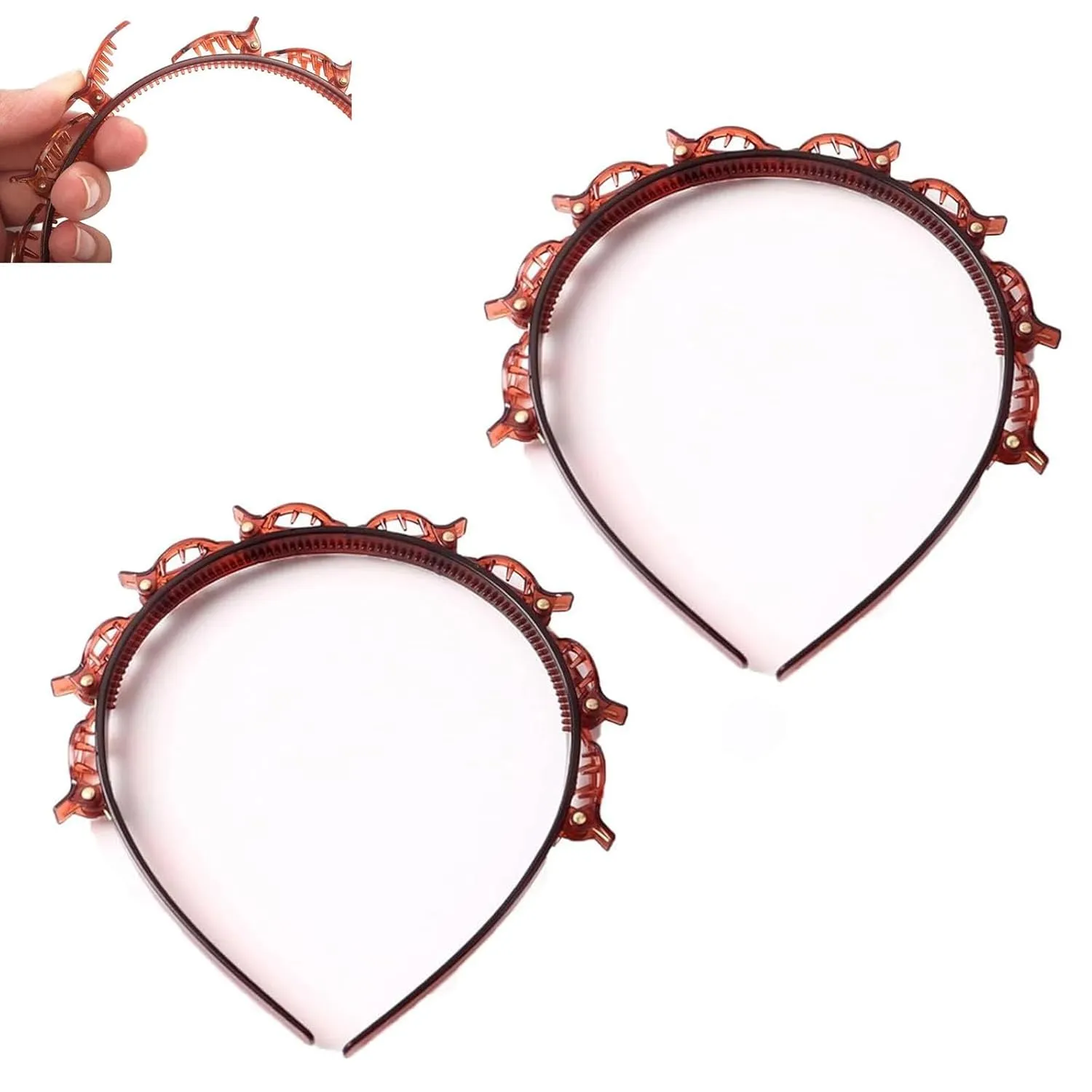 Butterfly Clip Headband for Women,Curly Hair Clip Headband Weave Bangs Headband Set, Double Layer Twist Plait Bangs Hairstyle Hairpin with 8 Small Clips (2pcs Brown, one size)