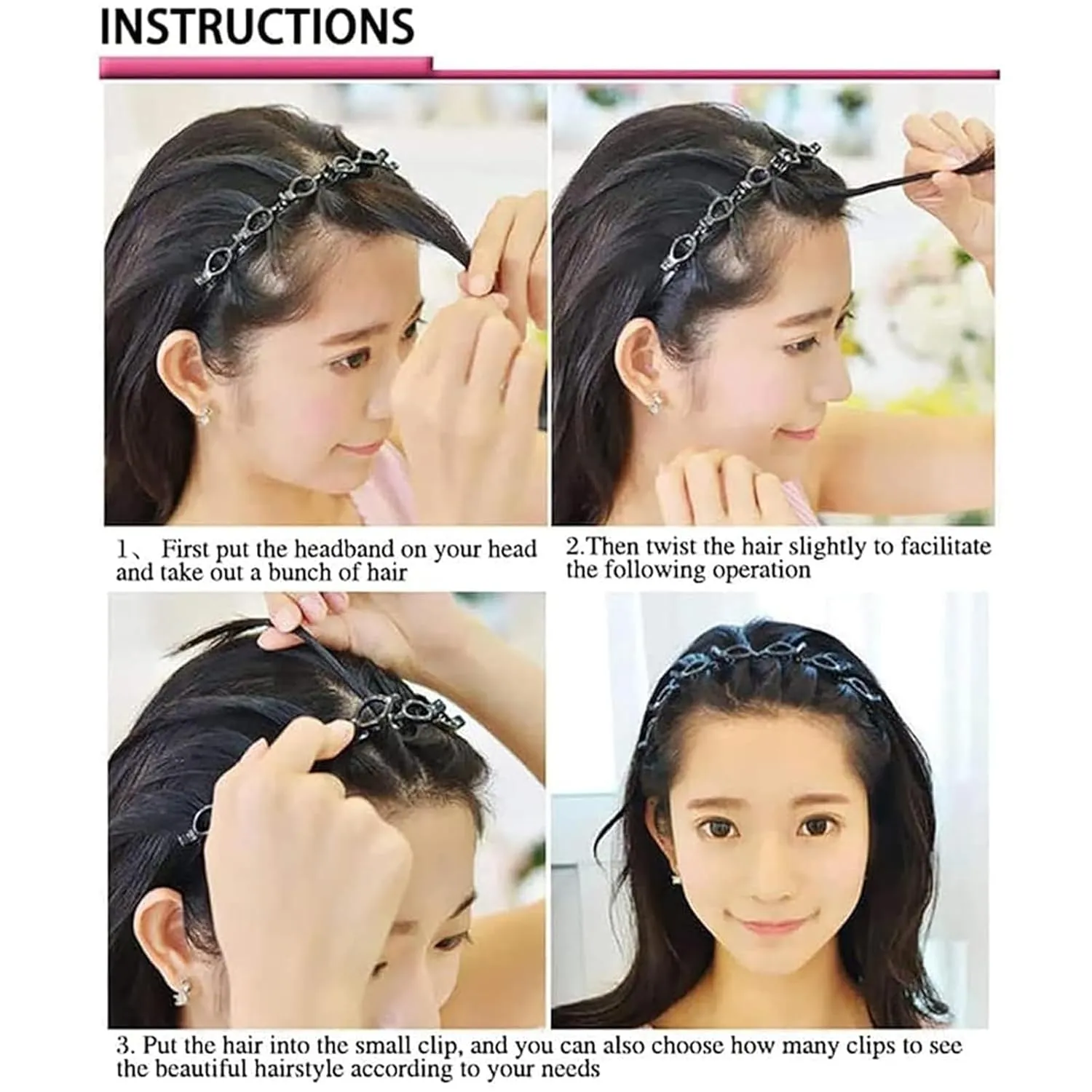 Butterfly Clip Headband for Women,Curly Hair Clip Headband Weave Bangs Headband Set, Double Layer Twist Plait Bangs Hairstyle Hairpin with 8 Small Clips (2pcs Brown, one size)