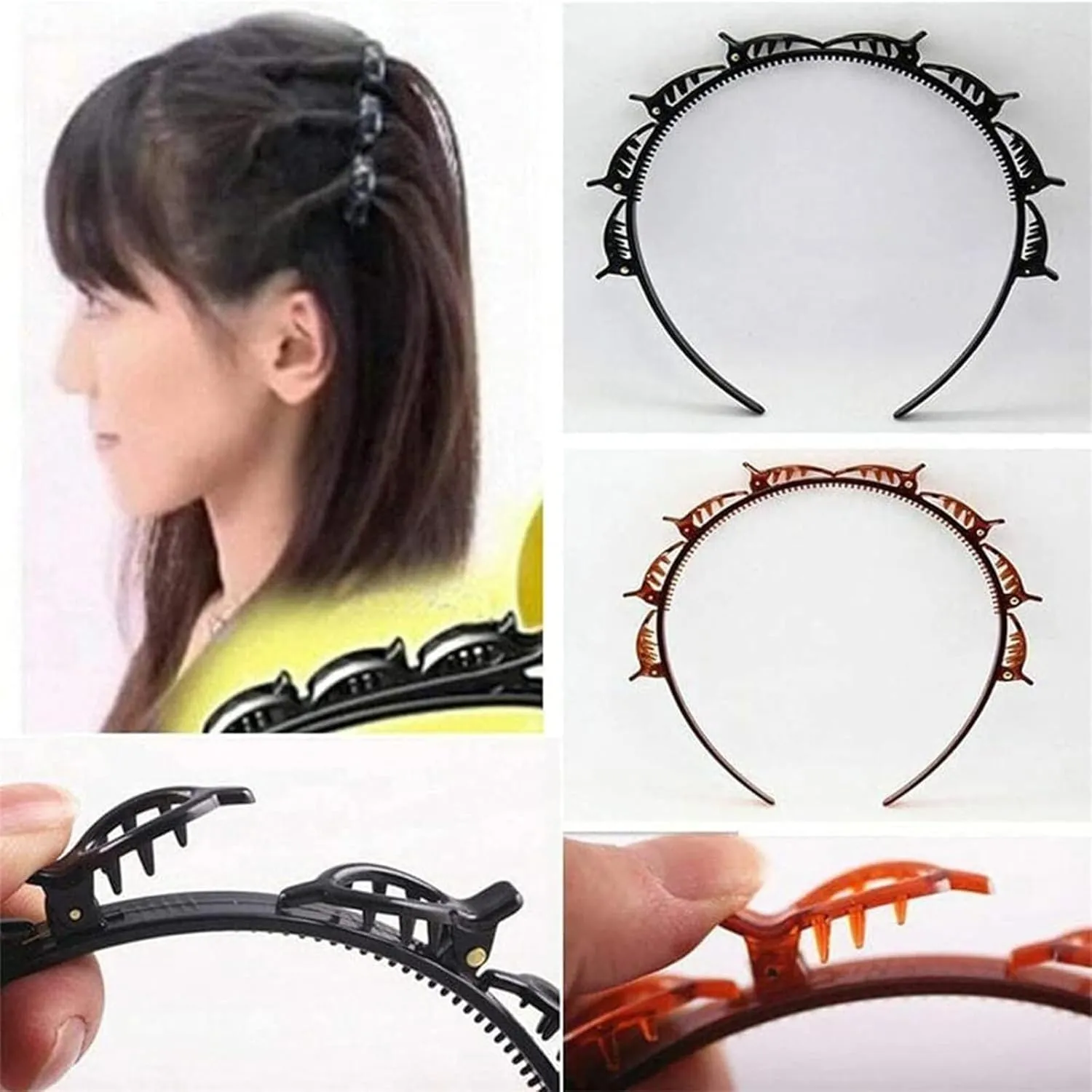 Butterfly Clip Headband for Women,Curly Hair Clip Headband Weave Bangs Headband Set, Double Layer Twist Plait Bangs Hairstyle Hairpin with 8 Small Clips (2pcs Brown, one size)