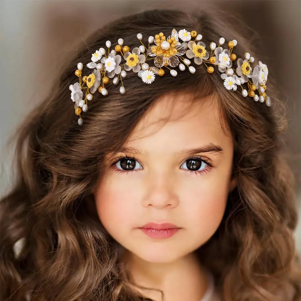 Campsis Flower Girl Headpiece Gold Pearl Sunflower Headband Crystal Floral Bridal Wedding Hair Accessories for Girls