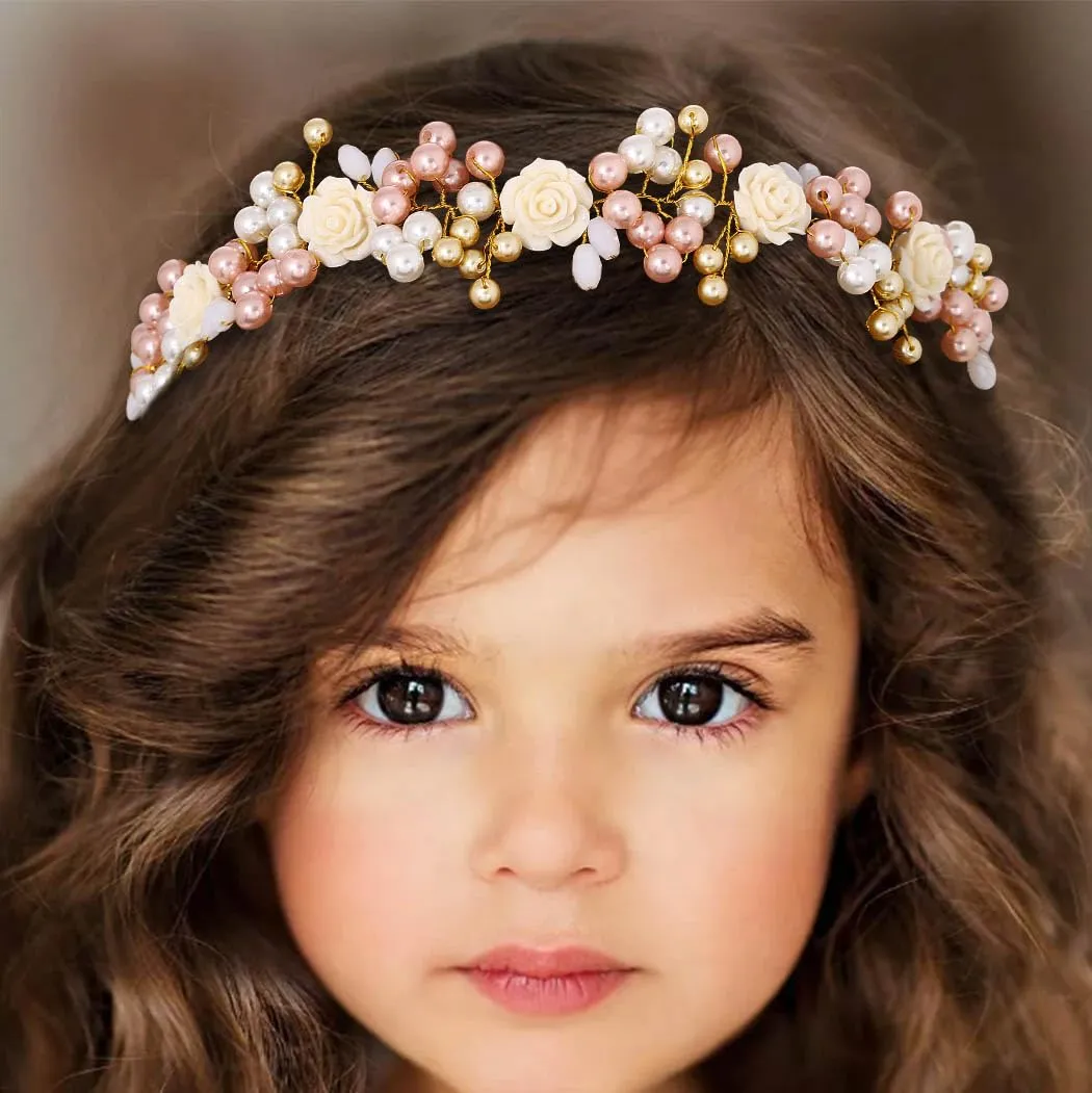 Campsis Flower Girls Headband Gold Rose Pearl Floral Headpiece Crystal Bridal Wedding Hair Accessories for Girls