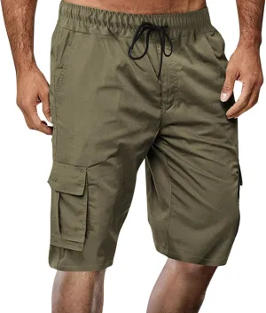 Cargo Shorts for Men Casual Summer Hiking Shorts Elastic Waist Loose Fit Knee Length Bermuda Short with Multi Pocket