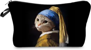 Cat with a Pearl Earring Makeup Bag Cute Small Organizer Zipper Pouch Cat with a Pearl Earring Cosmetic Bag Birthday Present for Women Friends