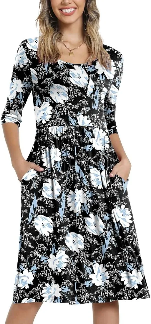 CATHY Women's 3/4 Sleeve 2025 Casual High Waist Round Neck Midi Dress with Pockets