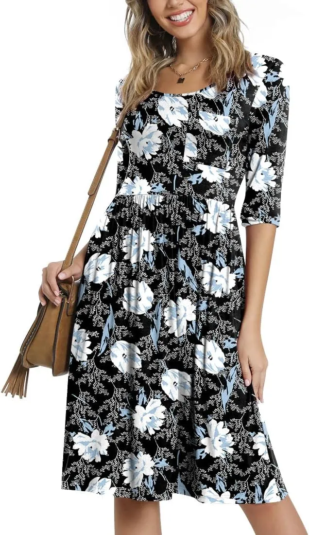 CATHY Women's 3/4 Sleeve 2025 Casual High Waist Round Neck Midi Dress with Pockets