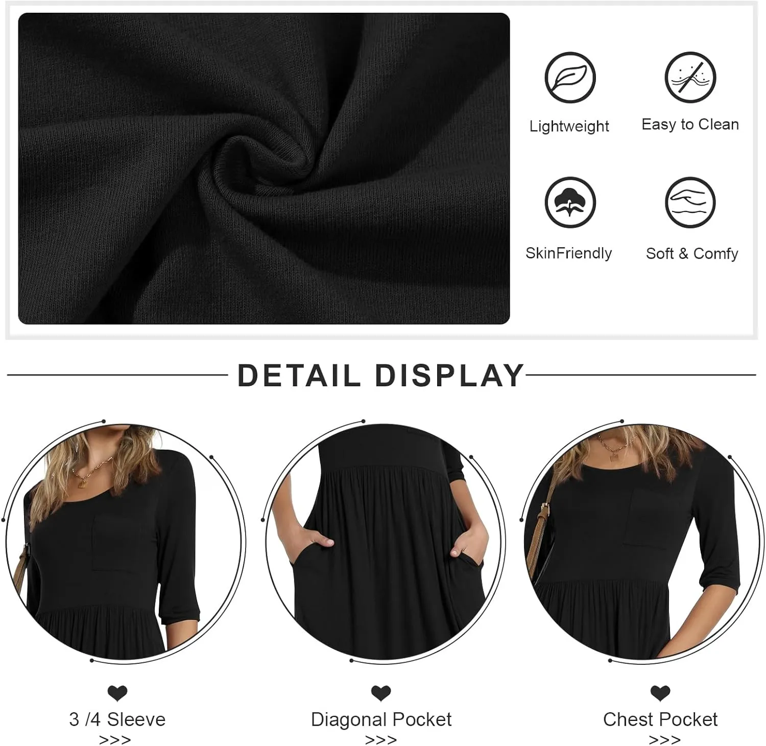 CATHY Women's 3/4 Sleeve 2025 Casual High Waist Round Neck Midi Dress with Pockets