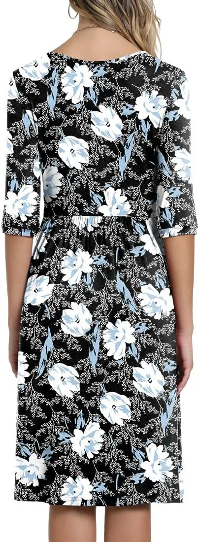 CATHY Women's 3/4 Sleeve 2025 Casual High Waist Round Neck Midi Dress with Pockets