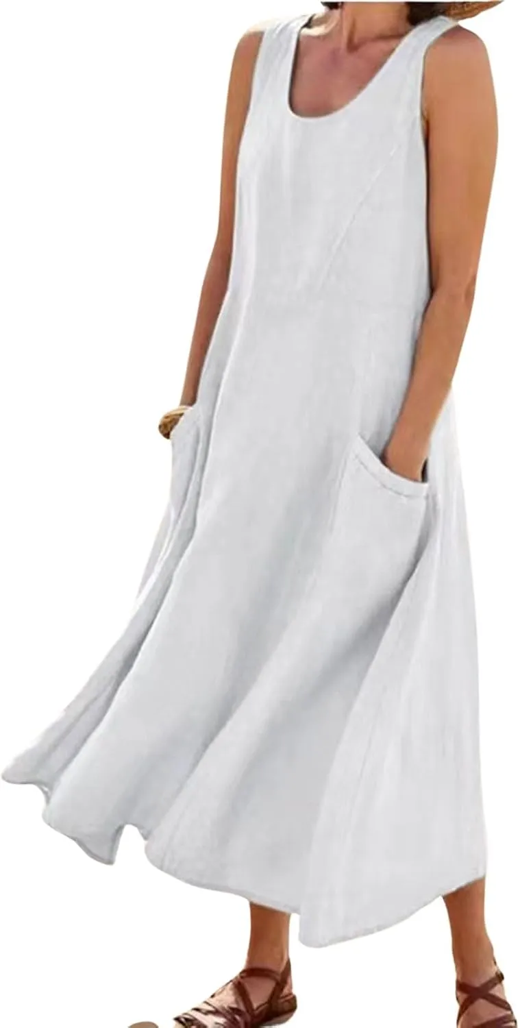 CHARTOU Women Summer Cotton Linen Tank Maxi Dress Flowy Boho Beach Sundress Swing Long Sleeveless Tunic Dress with Pockets