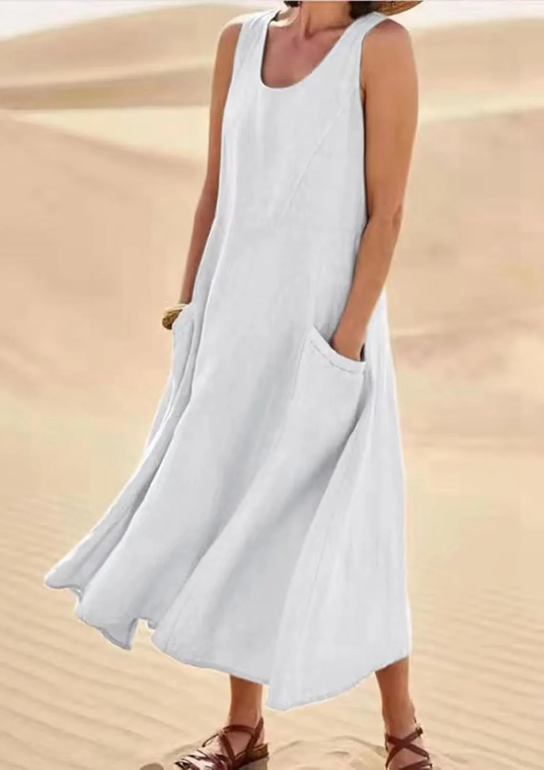 CHARTOU Women Summer Cotton Linen Tank Maxi Dress Flowy Boho Beach Sundress Swing Long Sleeveless Tunic Dress with Pockets