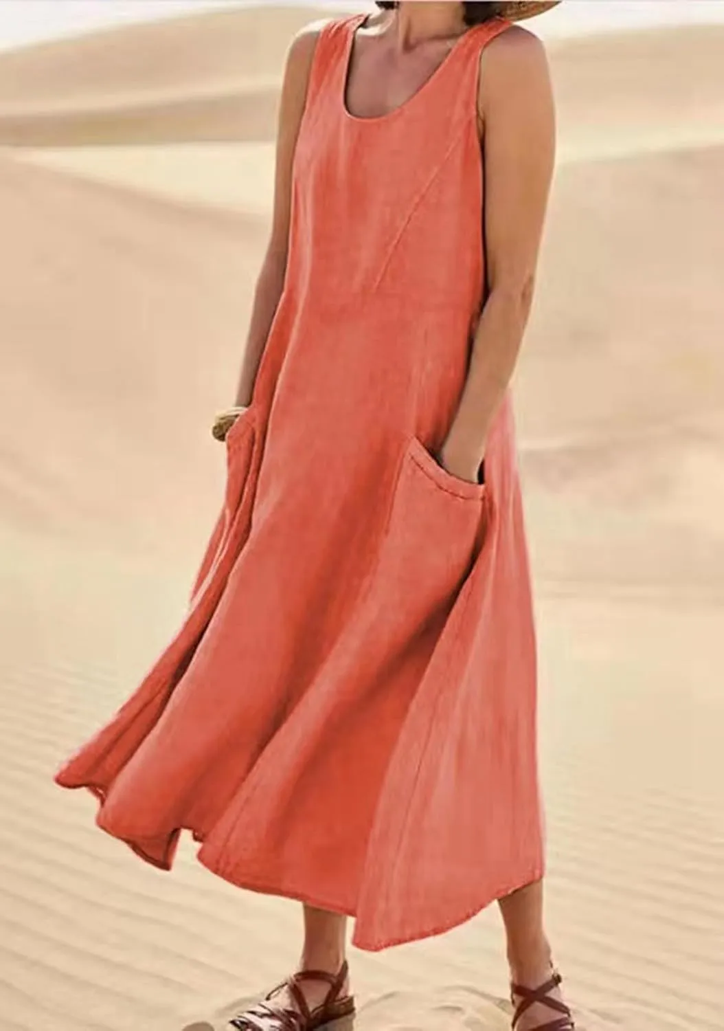 CHARTOU Women Summer Cotton Linen Tank Maxi Dress Flowy Boho Beach Sundress Swing Long Sleeveless Tunic Dress with Pockets