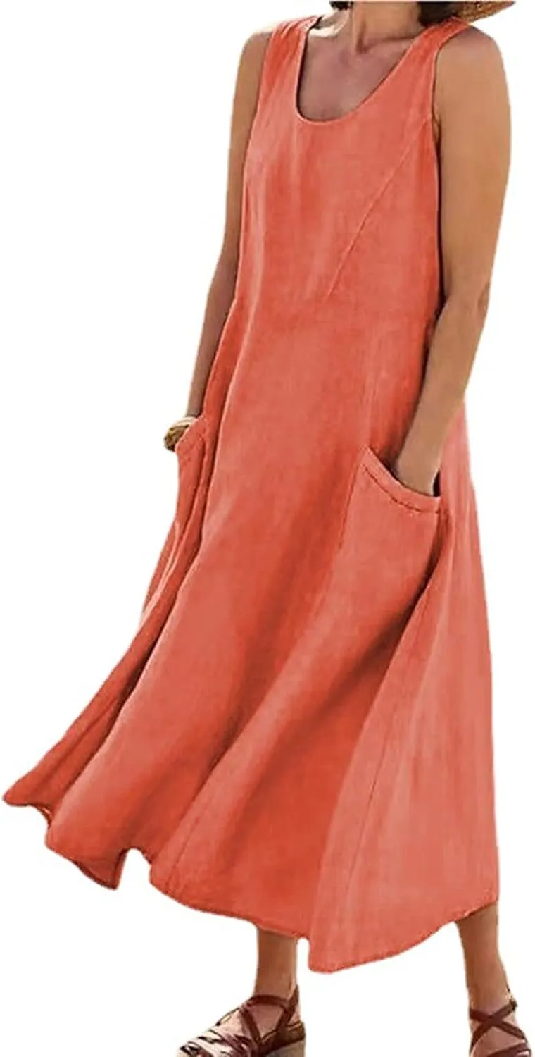 CHARTOU Women Summer Cotton Linen Tank Maxi Dress Flowy Boho Beach Sundress Swing Long Sleeveless Tunic Dress with Pockets