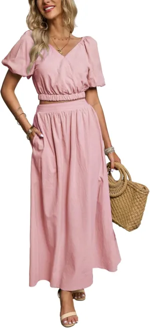 CHARTOU Women's 2 Piece Outfits Casual V-Neck Puff Sleeve Crop Top & A-Line Maxi Skirt Set