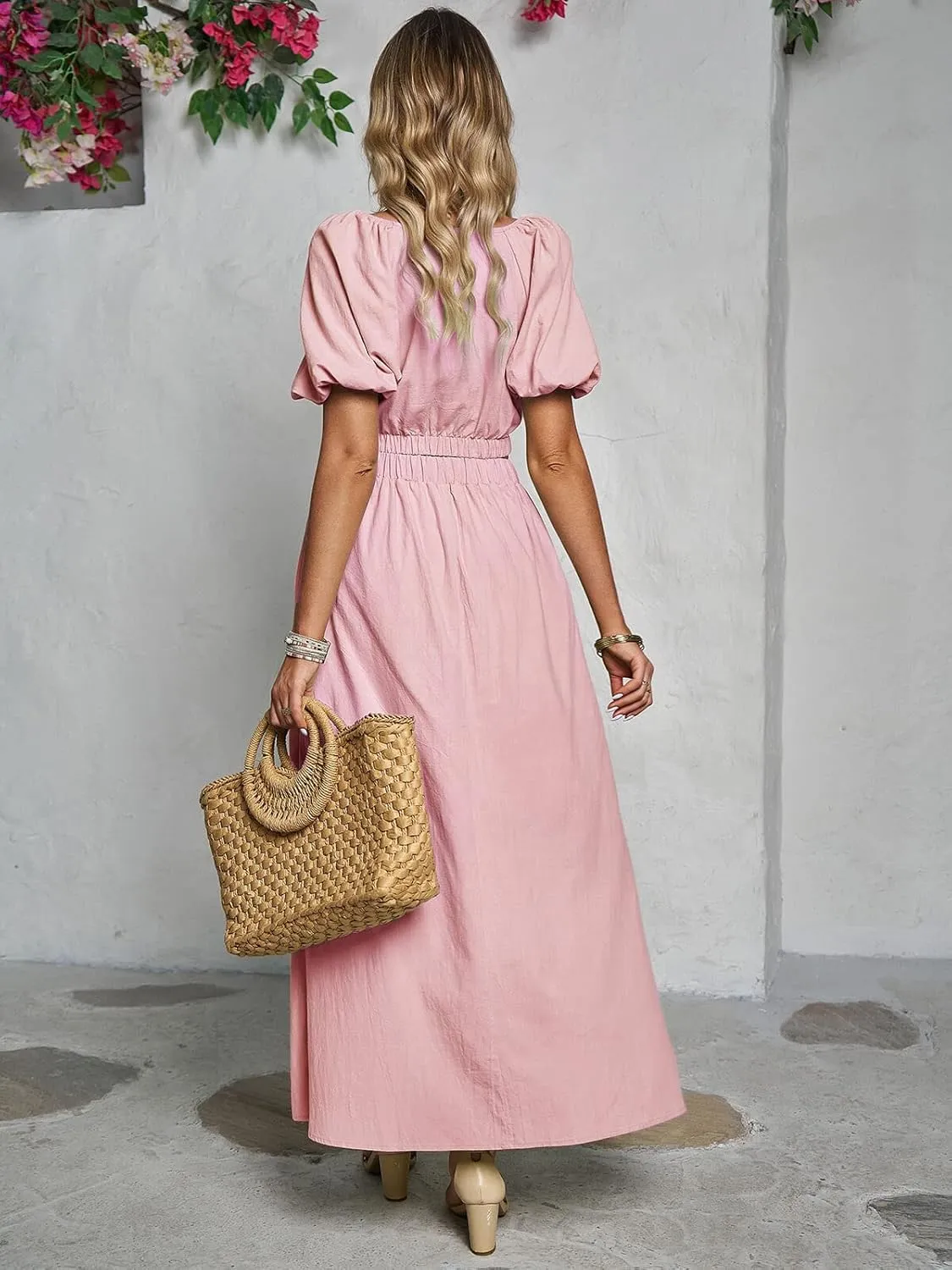 CHARTOU Women's 2 Piece Outfits Casual V-Neck Puff Sleeve Crop Top & A-Line Maxi Skirt Set