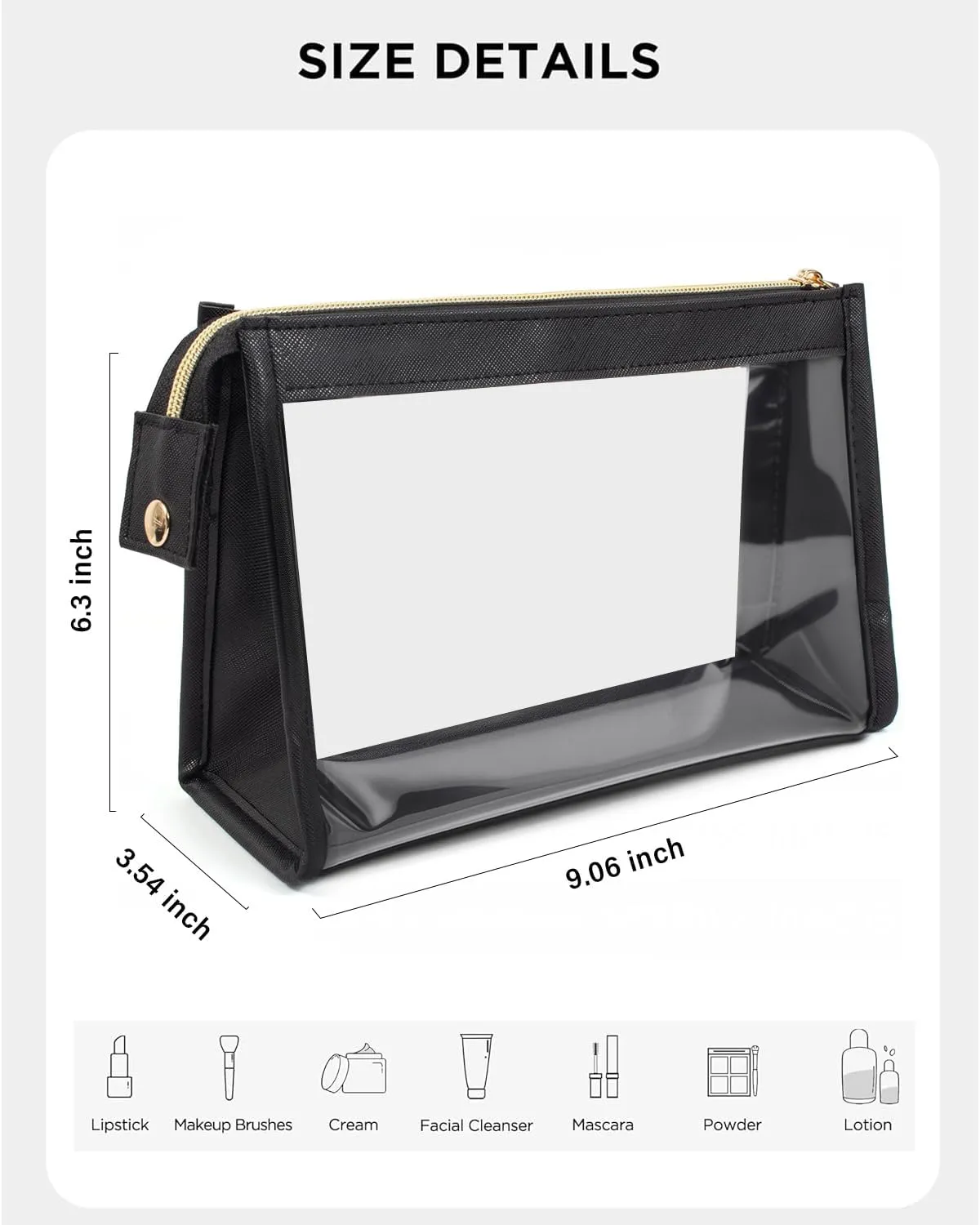 Clear Travel Makeup Bag, Clear Cosmetic Bags for Women Waterproof Makeup Bag Organizer Case Small Make Up Bag with Zipper TSA Approved Toiletry Bag Car Essentials (BLACK)