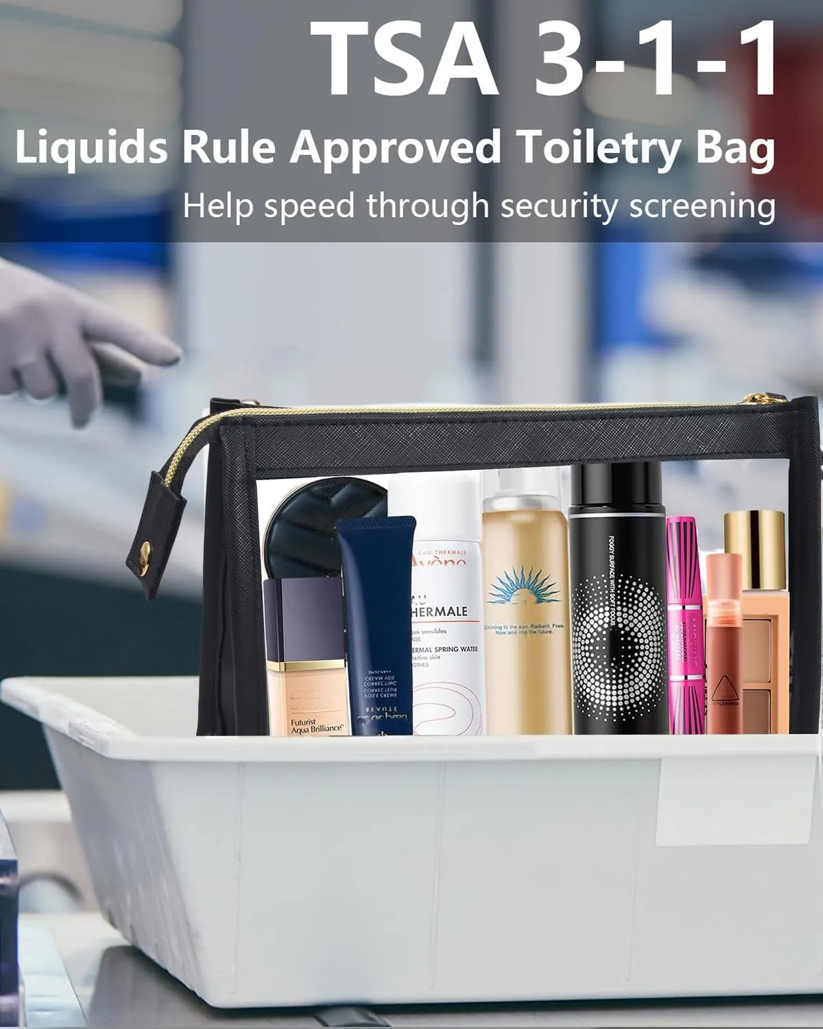 Clear Travel Makeup Bag, Clear Cosmetic Bags for Women Waterproof Makeup Bag Organizer Case Small Make Up Bag with Zipper TSA Approved Toiletry Bag Car Essentials (BLACK)