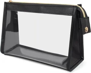 Clear Travel Makeup Bag, Clear Cosmetic Bags for Women Waterproof Makeup Bag Organizer Case Small Make Up Bag with Zipper TSA Approved Toiletry Bag Car Essentials (BLACK)