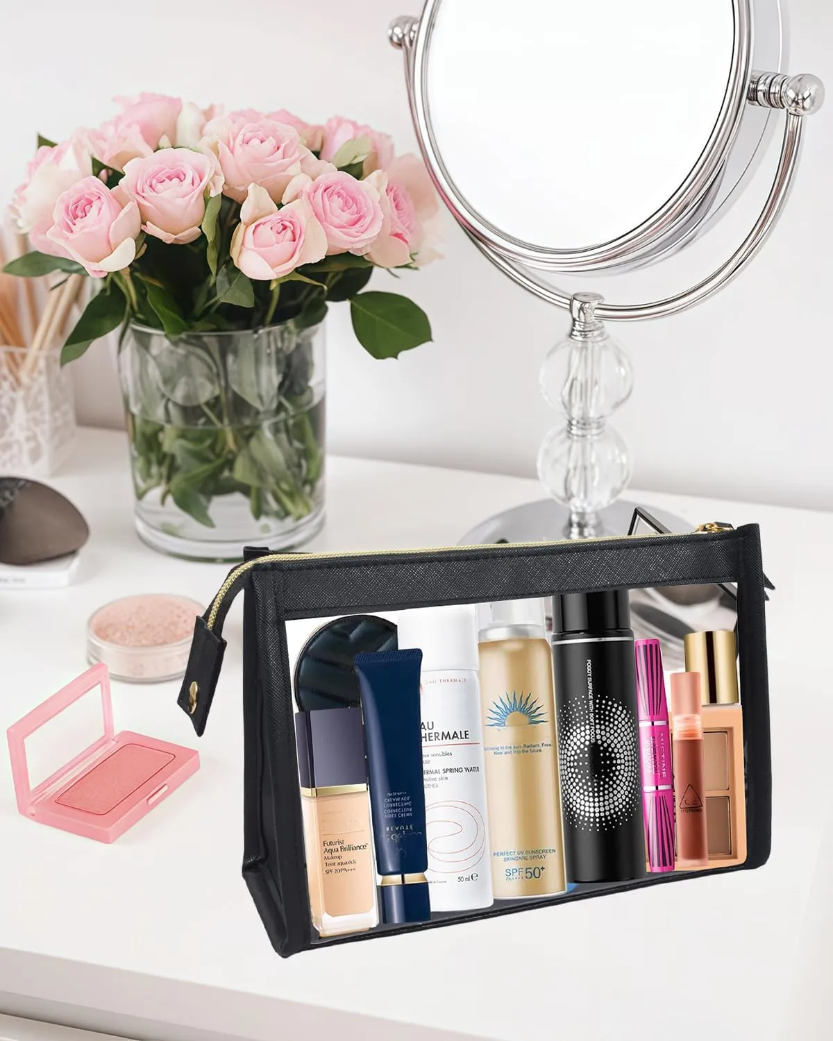 Clear Travel Makeup Bag, Clear Cosmetic Bags for Women Waterproof Makeup Bag Organizer Case Small Make Up Bag with Zipper TSA Approved Toiletry Bag Car Essentials (BLACK)
