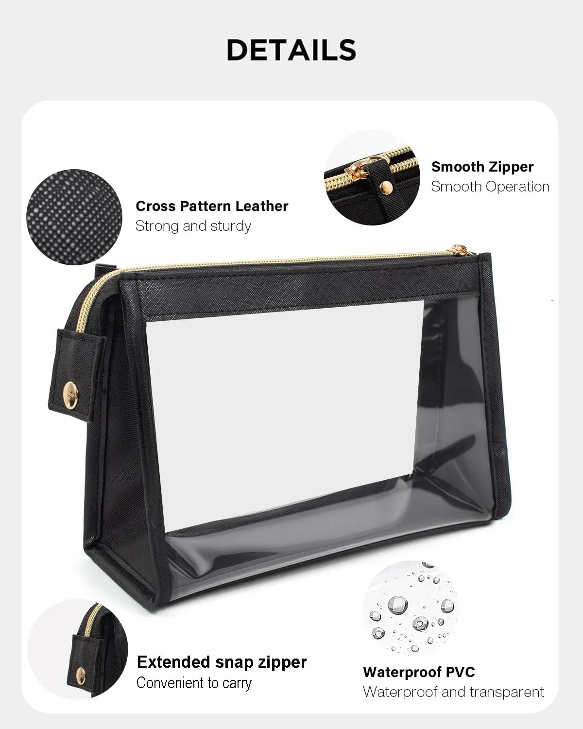 Clear Travel Makeup Bag, Clear Cosmetic Bags for Women Waterproof Makeup Bag Organizer Case Small Make Up Bag with Zipper TSA Approved Toiletry Bag Car Essentials (BLACK)