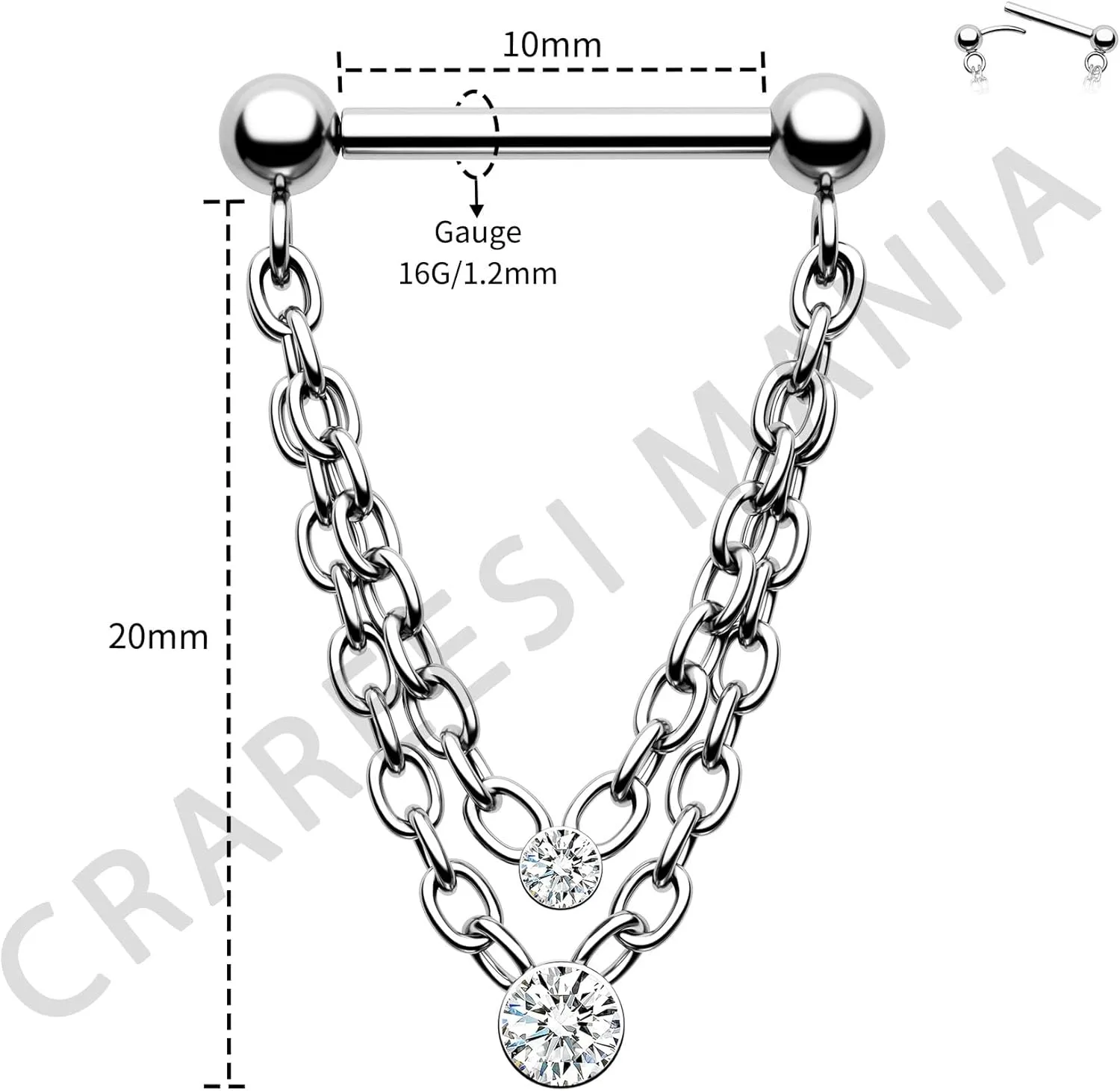 CM Crareesi Mania Chain Septum Rings 16G Double Septum Jewelry 316L Stainless Steel Threaded Septum Ring Push in Chain Septum Piercing Jewelry Dangle CZ Septum Jewelry