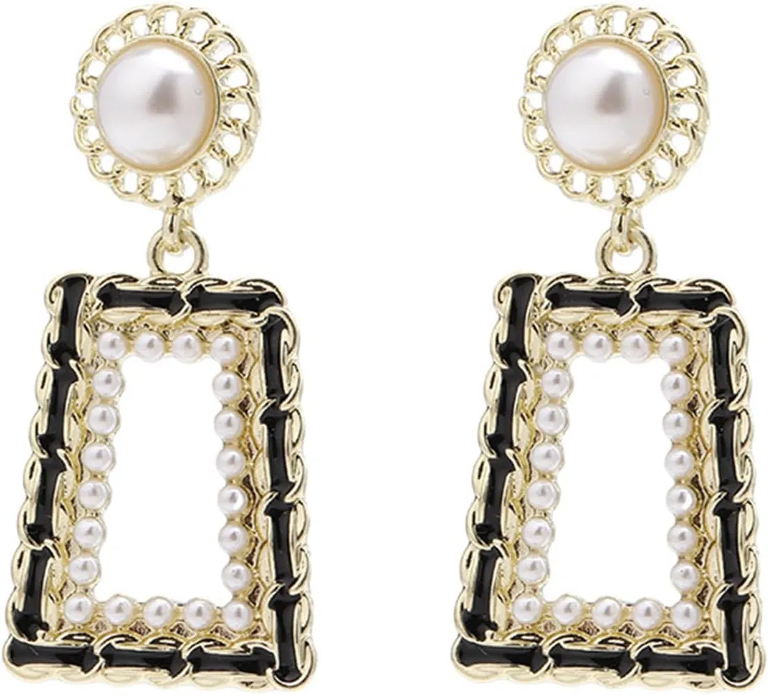 Coadipress Geometric Square Drop Dangle Earring for Women - Retro Gold Black Bohemian Pearl Earring for Birthday Party Fashion Jewelry Gift