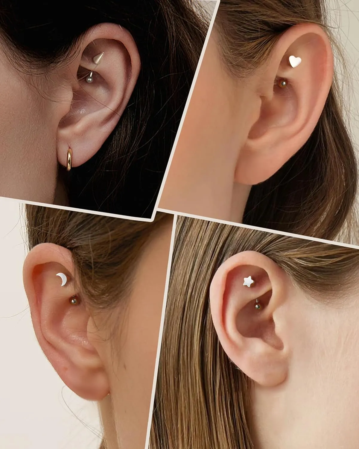 COCHARM Titanium Heart Star Moon Rook Spike Piercing Jewelry 16g, Surgical Steel Rook Earrings for Women Man, Silver Vertical Labret Jewelry, 8mm Spike Eyebrow Piercing Jewelry