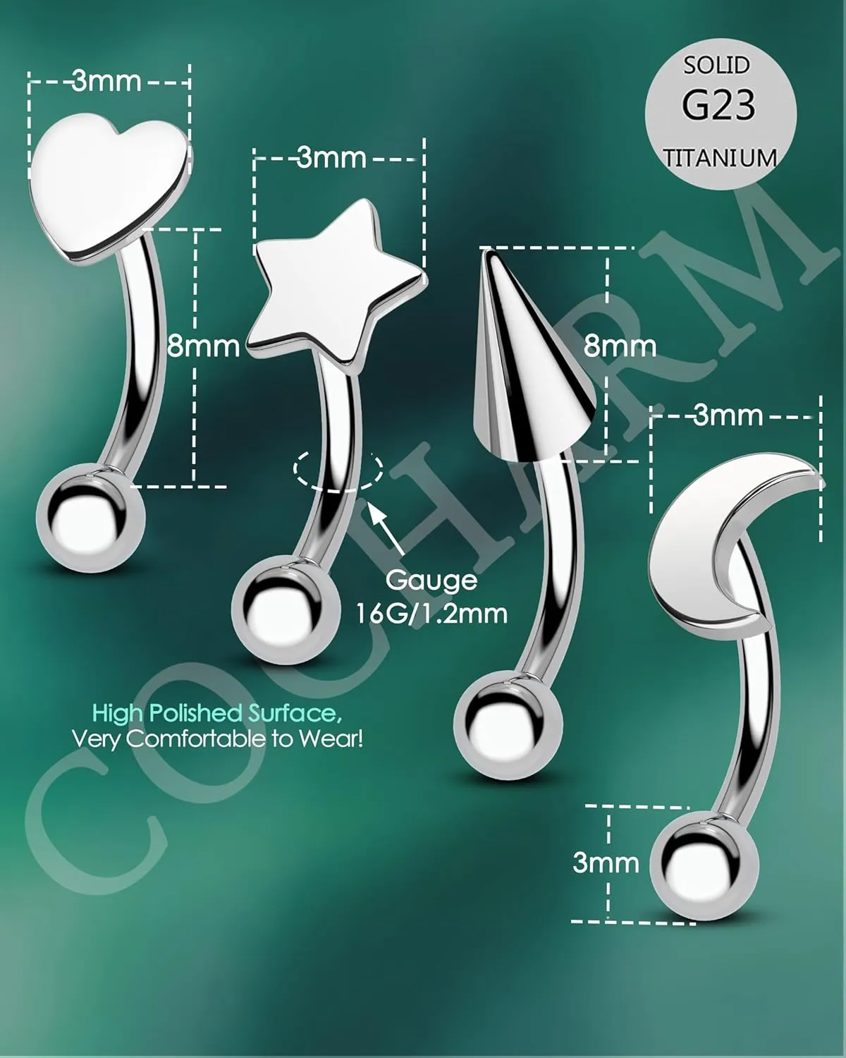 COCHARM Titanium Heart Star Moon Rook Spike Piercing Jewelry 16g, Surgical Steel Rook Earrings for Women Man, Silver Vertical Labret Jewelry, 8mm Spike Eyebrow Piercing Jewelry