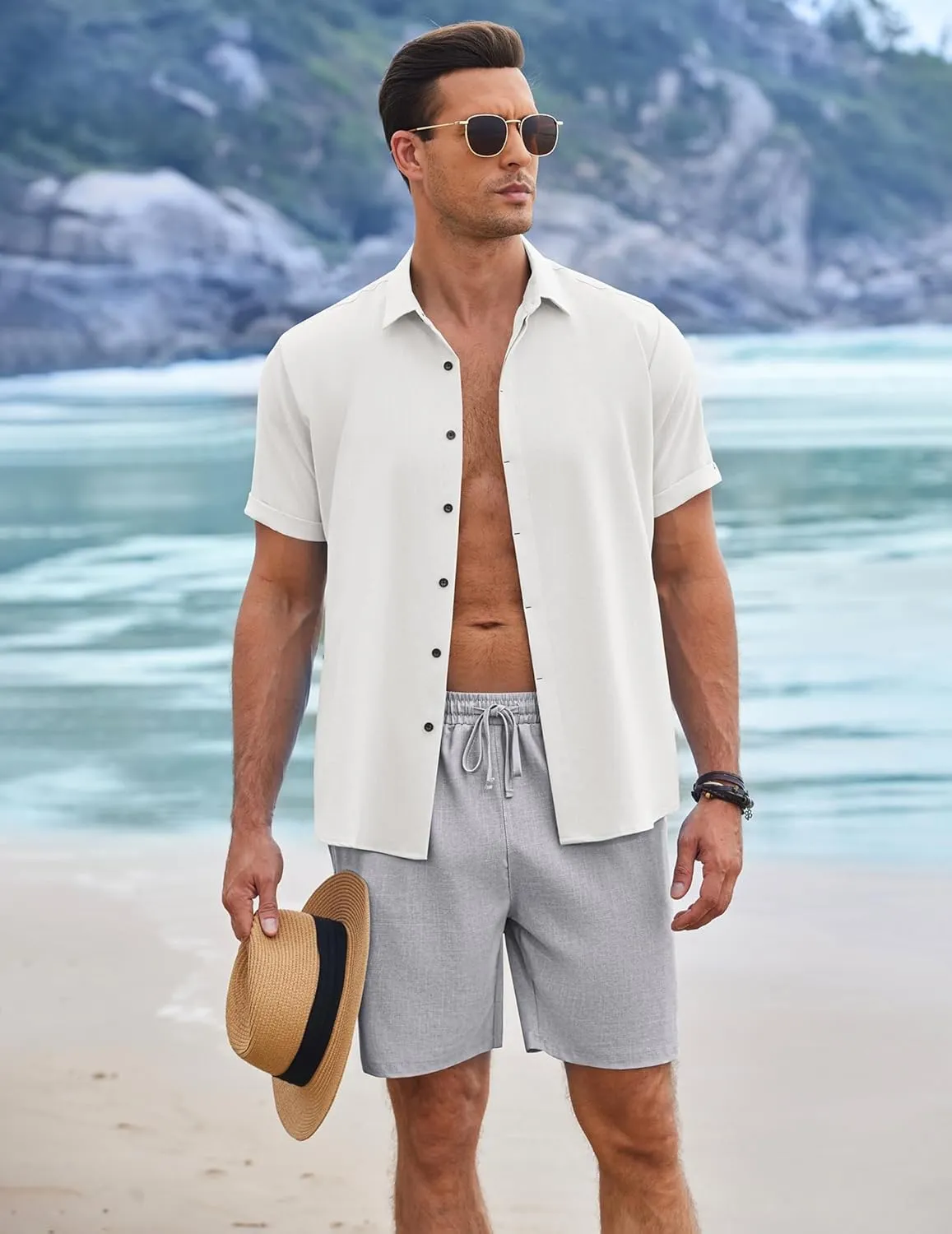 COOFANDY Mens Linen Shorts 9" Elastic Waist Drawstring Casual Shorts Lightweight Summer Beach Shorts