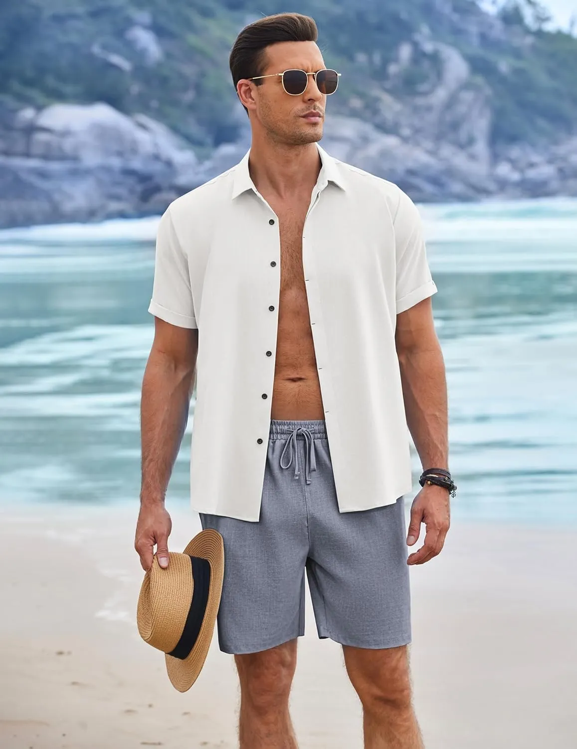 COOFANDY Mens Linen Shorts 9" Elastic Waist Drawstring Casual Shorts Lightweight Summer Beach Shorts