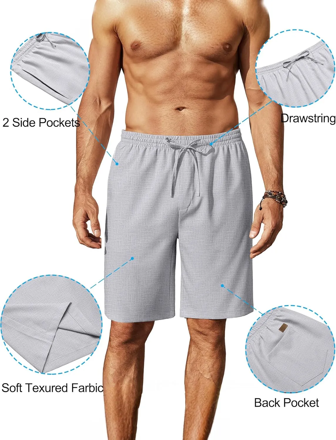 COOFANDY Mens Linen Shorts 9" Elastic Waist Drawstring Casual Shorts Lightweight Summer Beach Shorts
