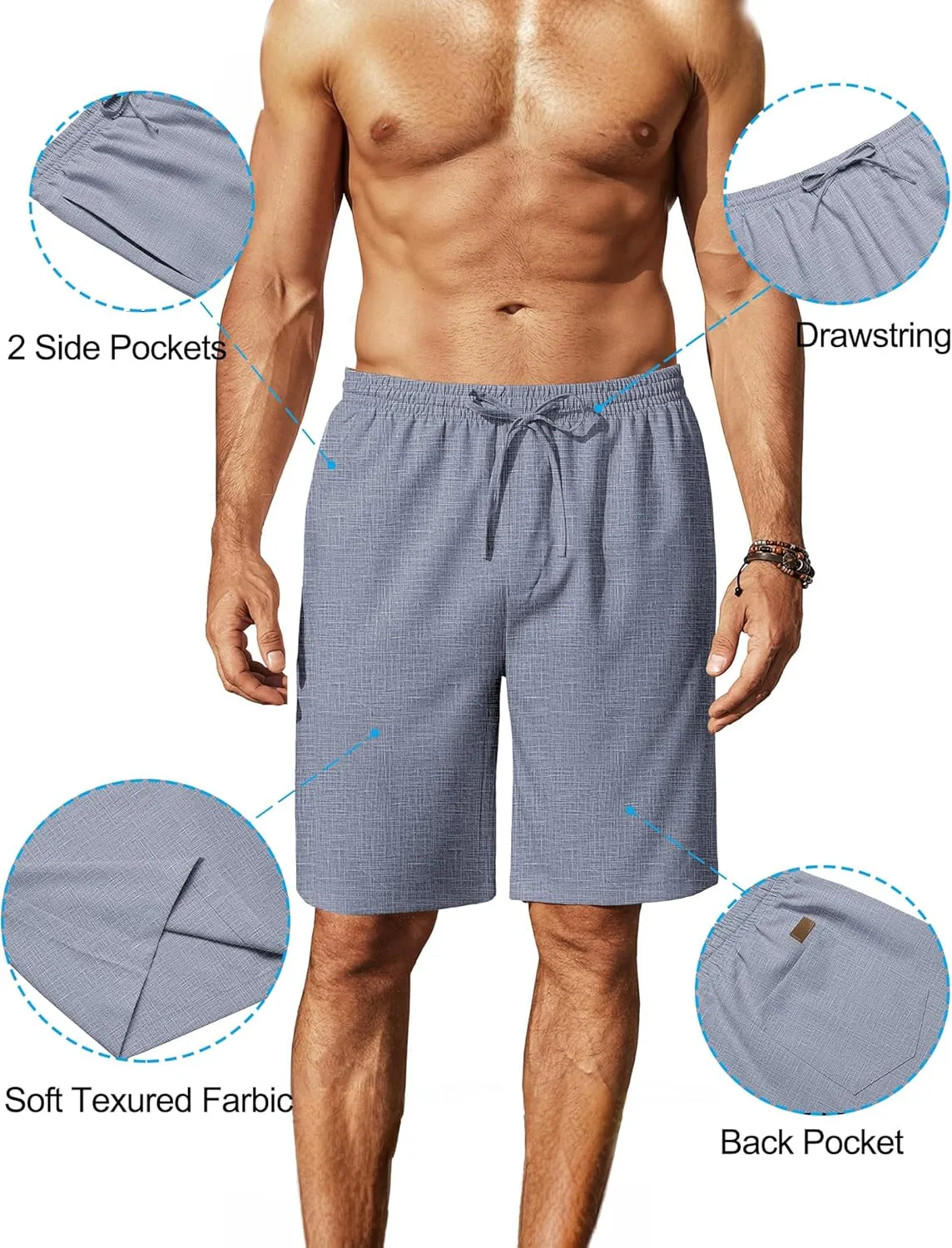 COOFANDY Mens Linen Shorts 9" Elastic Waist Drawstring Casual Shorts Lightweight Summer Beach Shorts