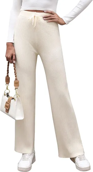 Cowasto Women's Casual Ribbed Knit Pants Elastic Waist Tie Front Wide Leg Sweater Pants