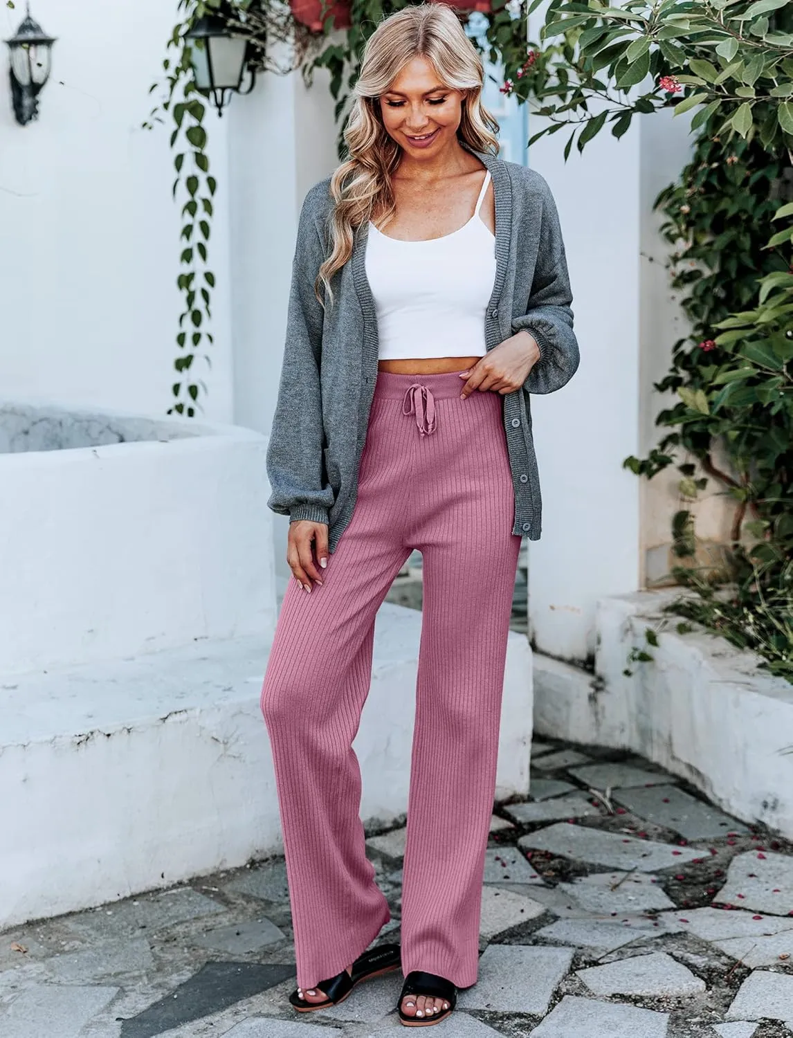 Cowasto Women's Casual Ribbed Knit Pants Elastic Waist Tie Front Wide Leg Sweater Pants