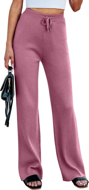 Cowasto Women's Casual Ribbed Knit Pants Elastic Waist Tie Front Wide Leg Sweater Pants