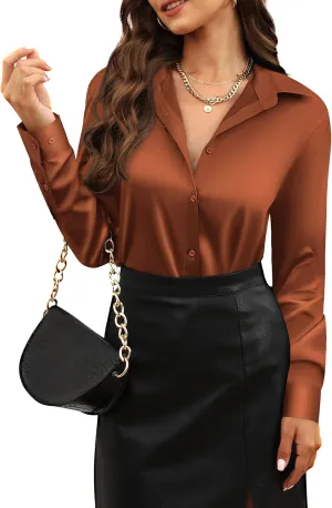CUNLIN Womens Soft Satin Silk Leopard Button Down Shirts for Women Silky Long Sleeve Work Shirt Dress Blouses Tops