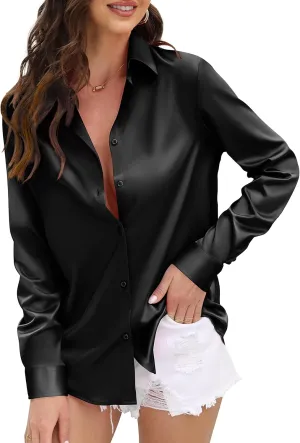 CUNLIN Womens Soft Satin Silk Leopard Button Down Shirts for Women Silky Long Sleeve Work Shirt Dress Blouses Tops