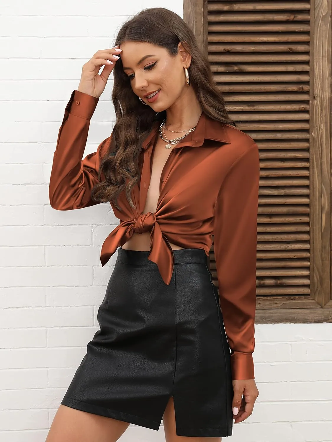CUNLIN Womens Soft Satin Silk Leopard Button Down Shirts for Women Silky Long Sleeve Work Shirt Dress Blouses Tops