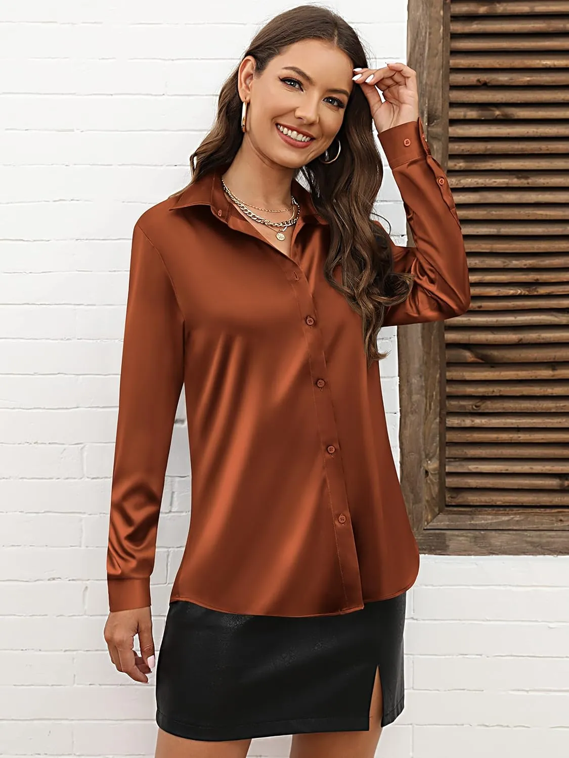 CUNLIN Womens Soft Satin Silk Leopard Button Down Shirts for Women Silky Long Sleeve Work Shirt Dress Blouses Tops