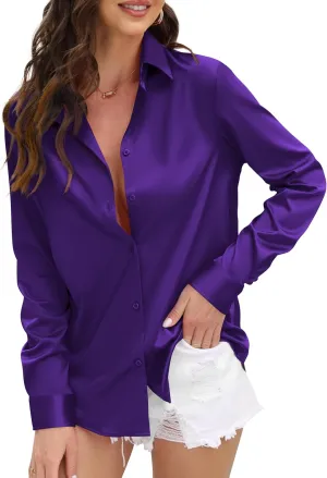 CUNLIN Womens Soft Satin Silk Leopard Button Down Shirts for Women Silky Long Sleeve Work Shirt Dress Blouses Tops