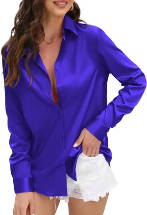 CUNLIN Womens Soft Satin Silk Leopard Button Down Shirts for Women Silky Long Sleeve Work Shirt Dress Blouses Tops