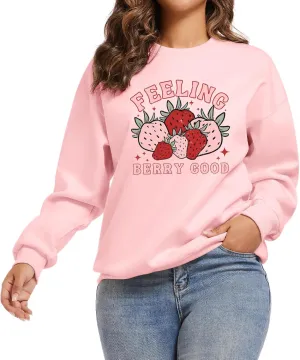 Cute Strawberry Graphic Crewneck Sweatshirts For Women Kawaii Aesthetic Printed Sweatshirt Trendy Long Sleeve Shirt